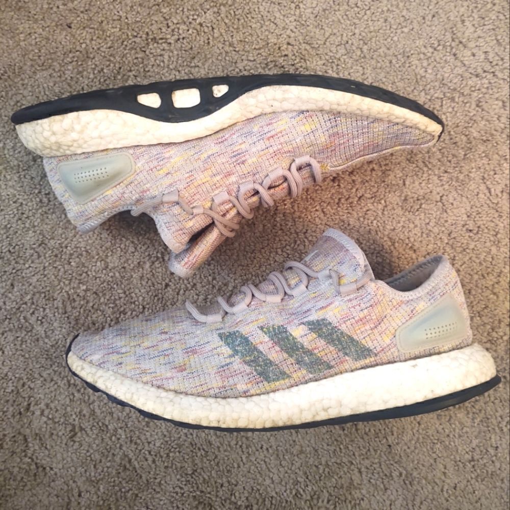 Adidas Pureboost Men Sneakers Ash Silver/Green/Yellow AQ0051 SZ 11.5 PRE-OWNED